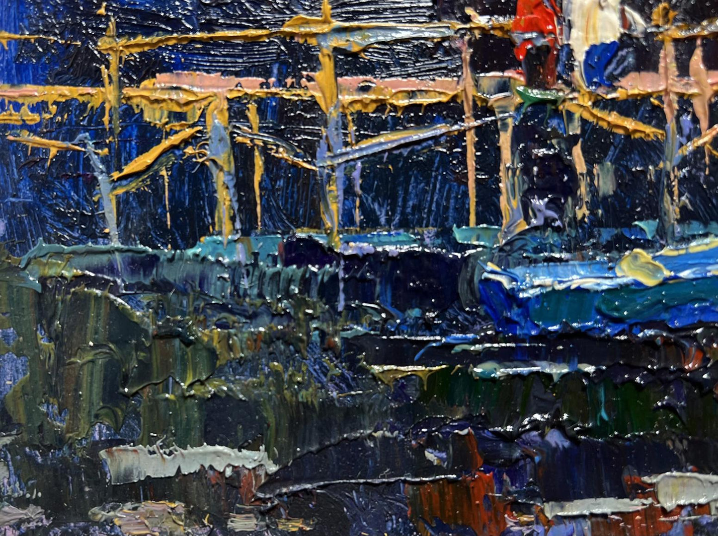 Oil painting People on the pier by Oksana Ivanyuk, textured blue and yellow strokes