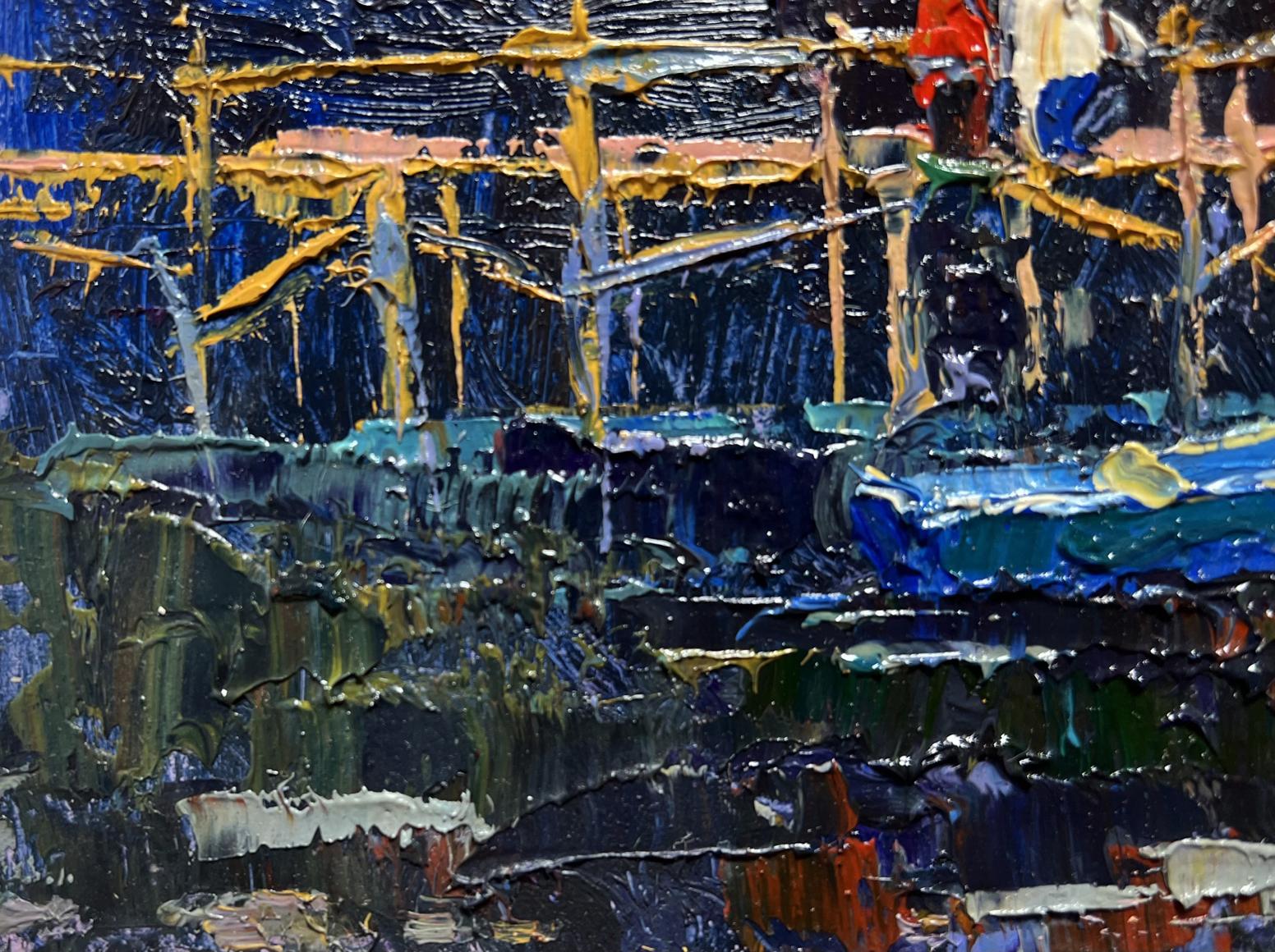 Oil painting People on the pier by Oksana Ivanyuk, textured blue and yellow strokes