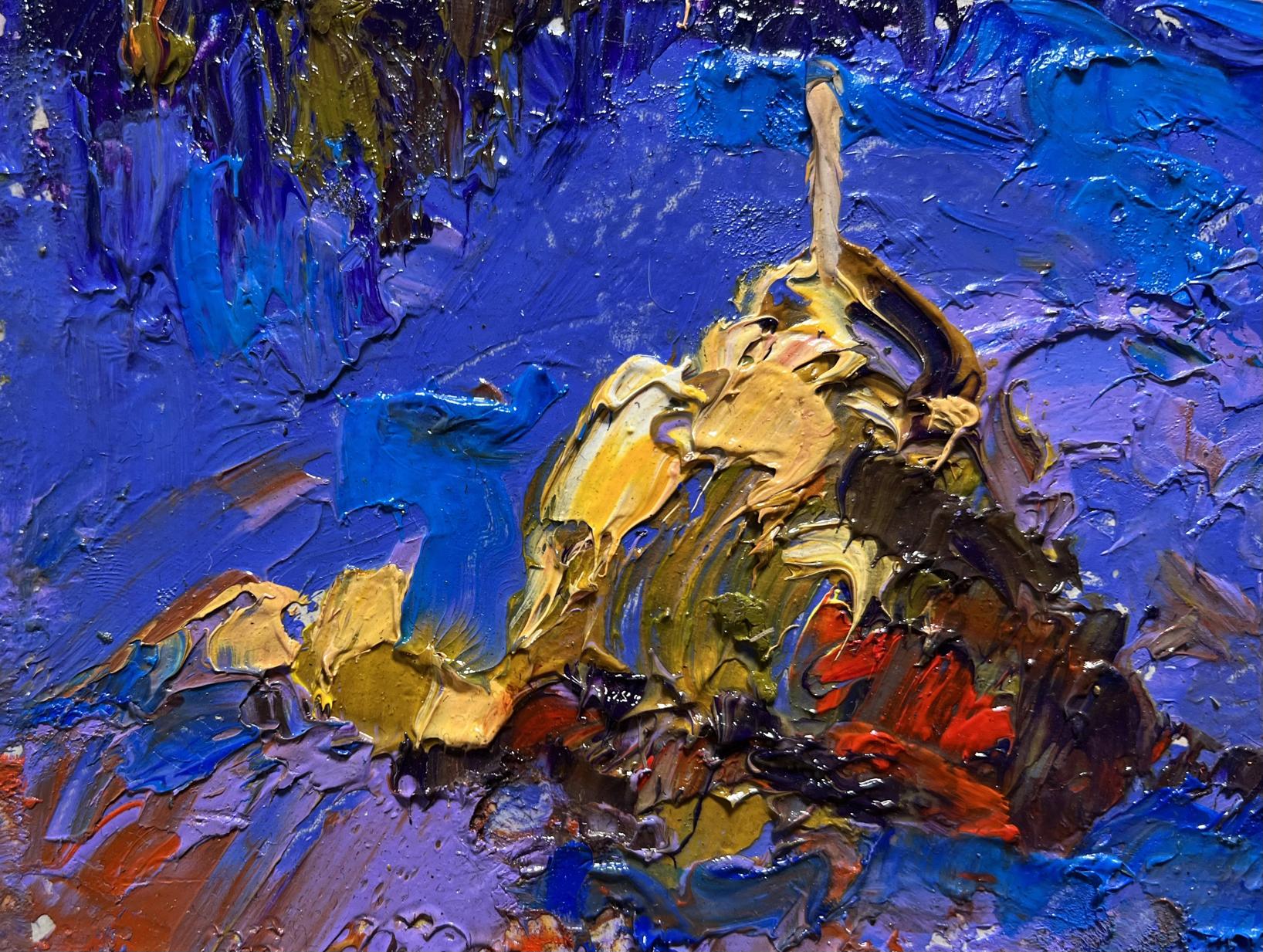 Oil painting The last rays of the sun by Oleksiy Ivanyuk, golden impasto on blue-purple background