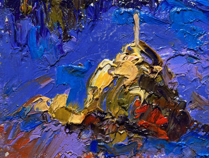 Oil painting The last rays of the sun by Oleksiy Ivanyuk, golden impasto on blue-purple background