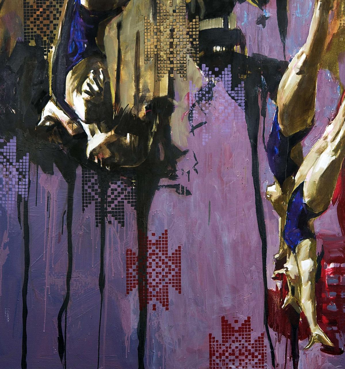 Oil painting Gravity Ed Potapenkov with bold gold black drips on purple textured background