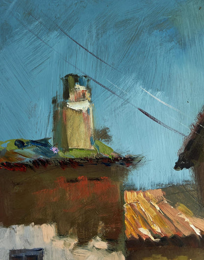 Oil painting Old house in the city by Yuriy Suprunchuk, weathered brick chimney