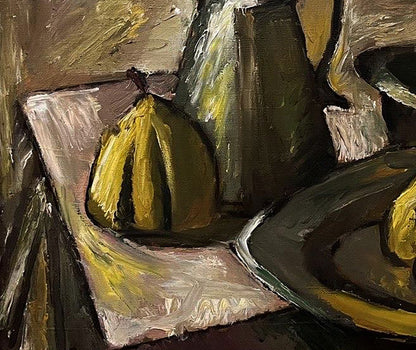 Oil painting of striped yellow-green pear by Oleksandr Andreev