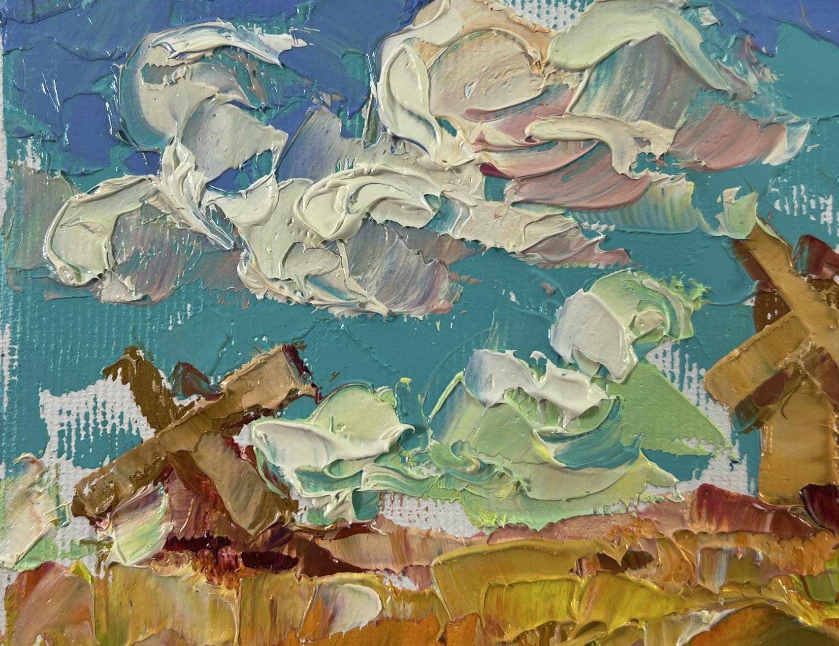 Oil painting Mills outside the village by Oleksiy Ivanyuk with impasto clouds