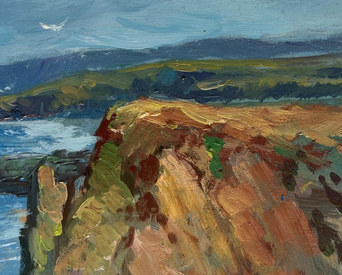 Oil painting by Yuriy Suprunchuk: waves crash on rugged coastal cliffs
