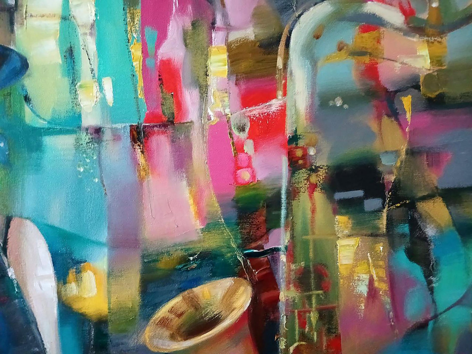 Abstract Evening Blues oil painting by Anatoly Tarabanov with golden saxophone