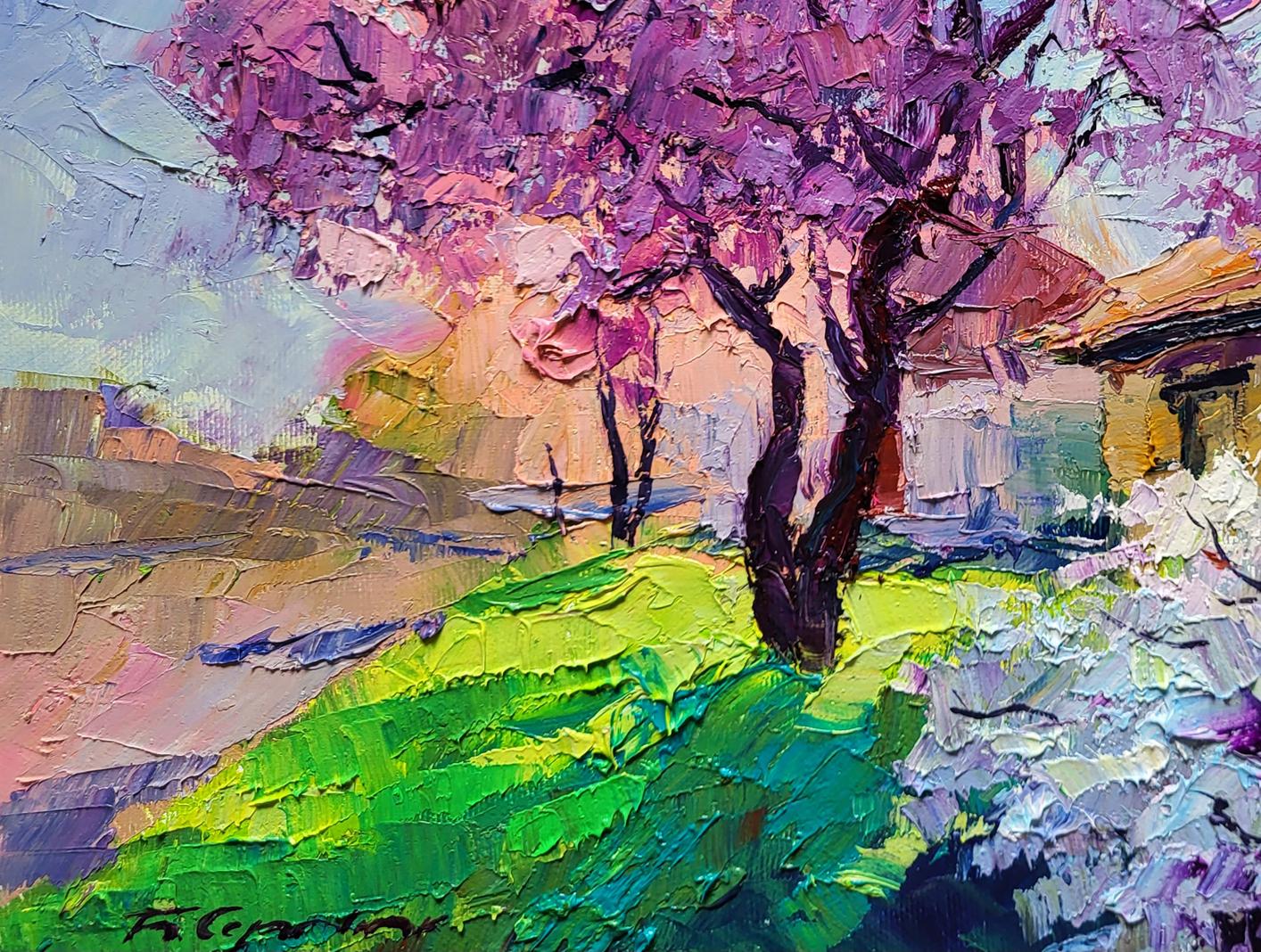 Vibrant impressionist oil painting by May Boris Serdyuk: purple tree on green hill