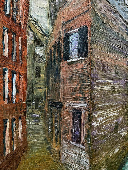 Textured oil painting of narrow alleyway by Serhiy Kovalev