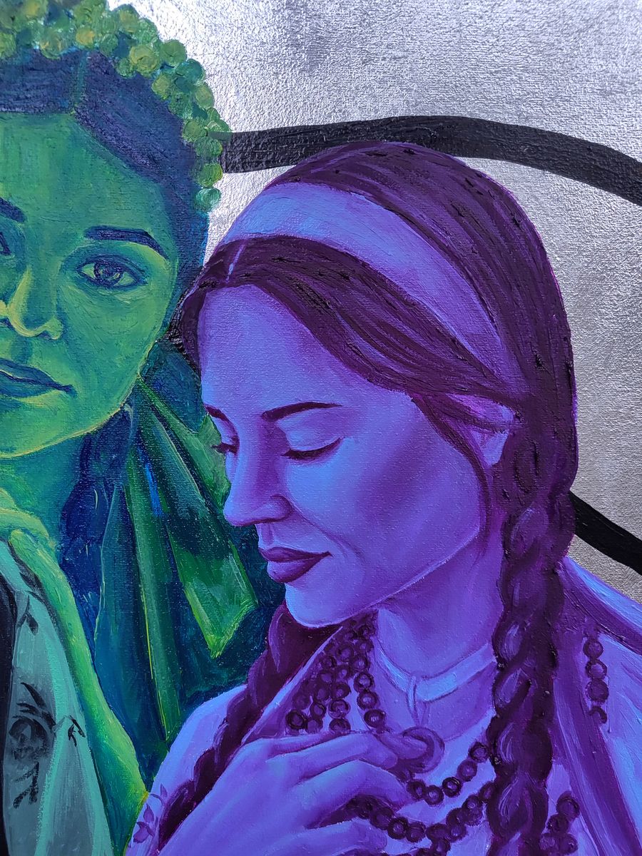 Vibrant oil painting portrait by Oksana Sklym of green-skinned leafy-crowned woman and purple-toned braided-hair girl