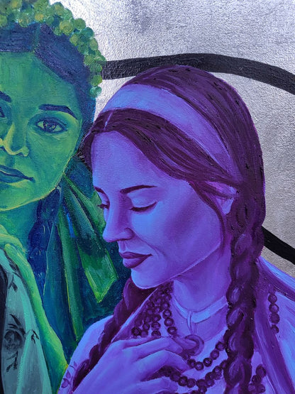 Vibrant oil painting portrait by Oksana Sklym of green-skinned leafy-crowned woman and purple-toned braided-hair girl
