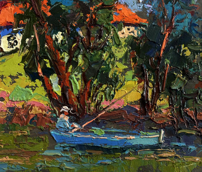 Oil painting Fishing in the Summer by Oleksiy Ivanyuk rowboat scene