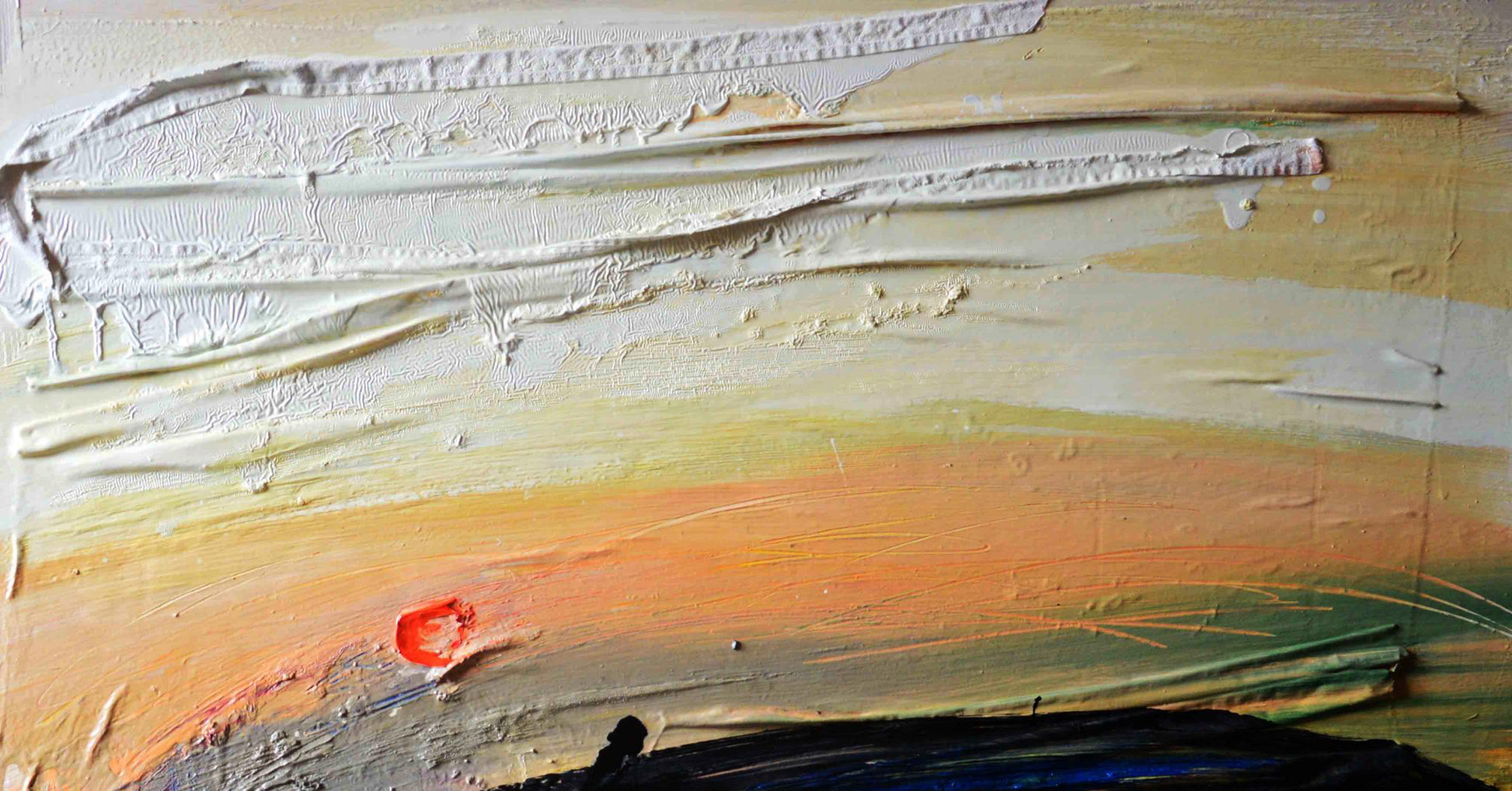 Oil painting Mountain Meadow by Natalia Korf-Ivaniuk, textured abstract in white, beige, orange, black