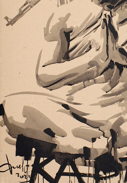 Ink painting Karma by Dima Filatov: bold black gray strokes on beige