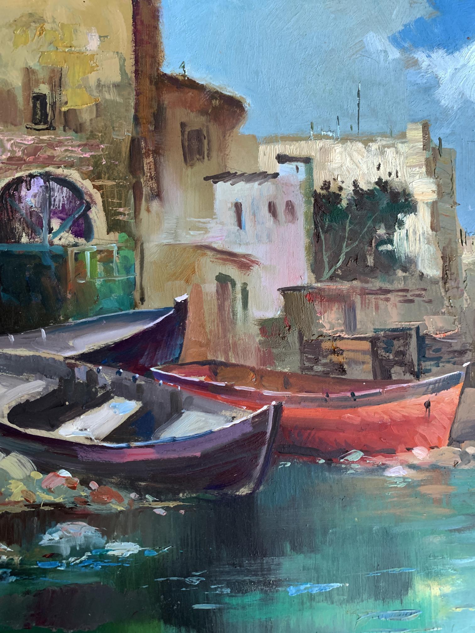 Oil painting of vibrant red rowboat in turquoise water by quay by Yuriy Suprunchuk