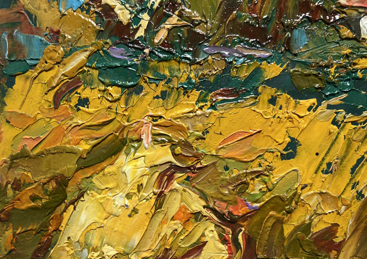 Oil painting Evening is coming in the village by Oleksiy Ivanyuk, impasto yellow and green