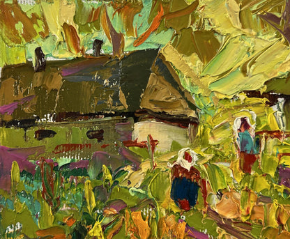 Vibrant impressionist oil painting Yellow sunset in the village by Oleksiy Ivanyuk