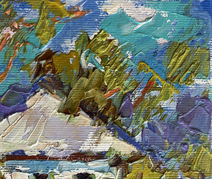 Oil painting Spring days in the village by Oleksiy Ivanyuk, teal mountain landscape