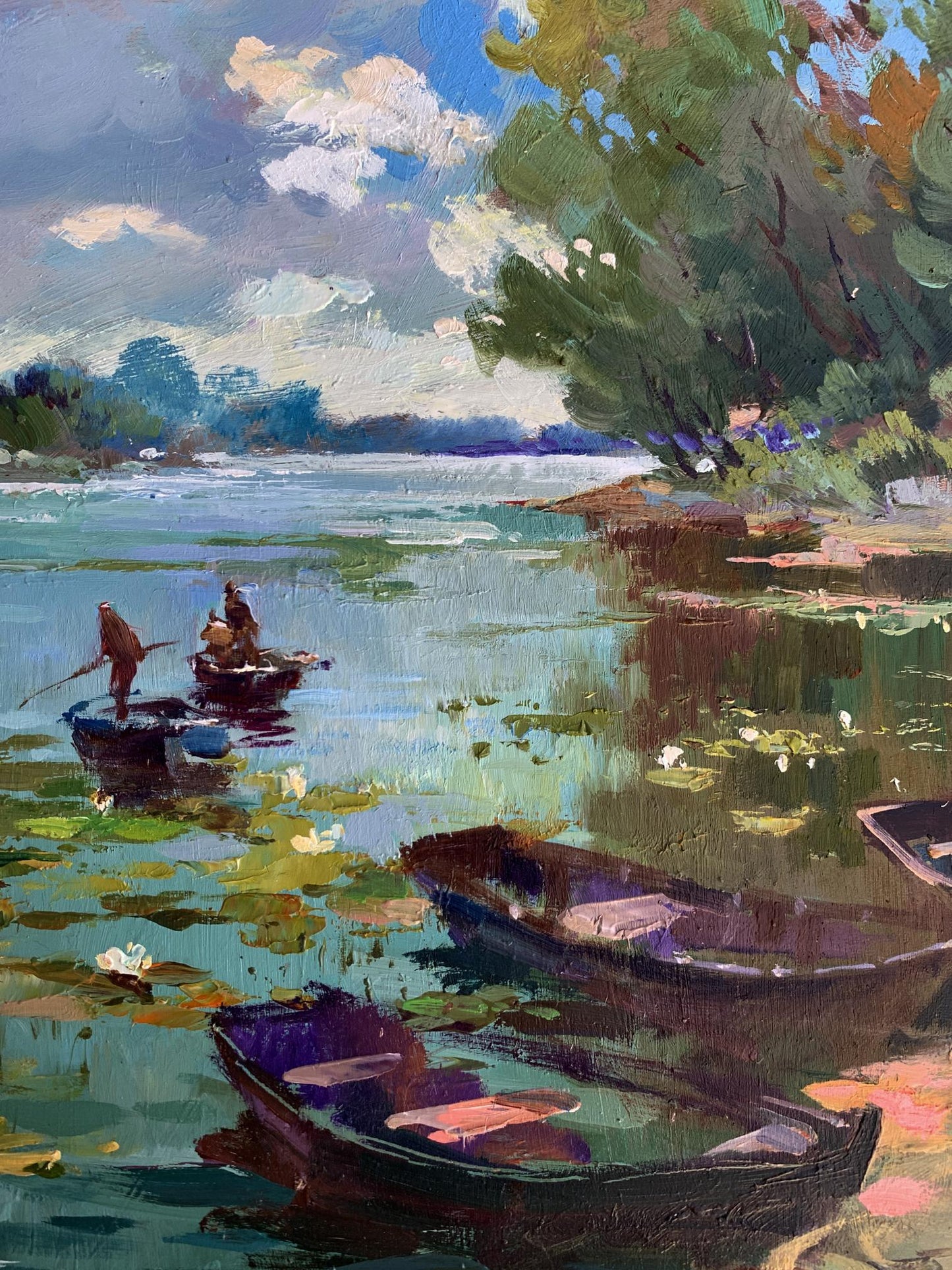 Serene oil painting by Yuriy Suprunchuk of boats on tranquil lake