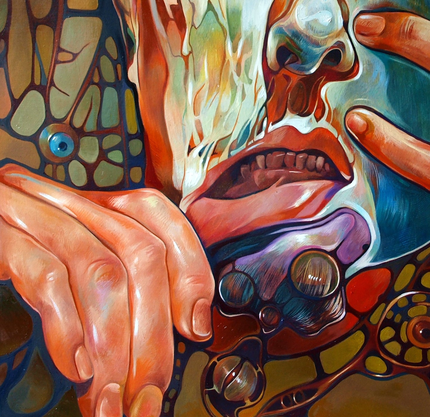Surreal distorted face oil painting by Konsta G. Amelinn, vibrant melting textures