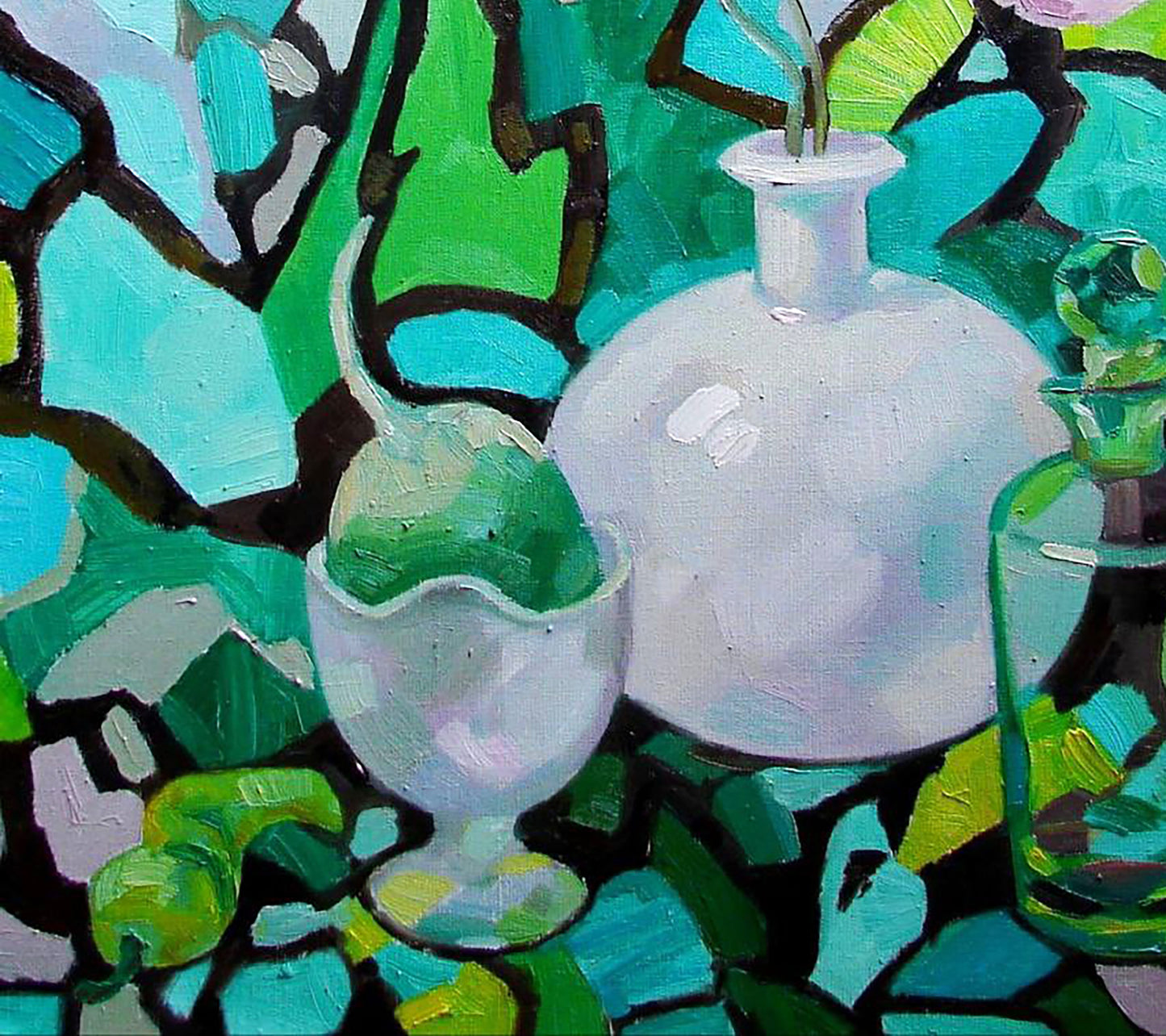Oil painting Emerald still life by Tatyana Shulyak with white vase and green stems
