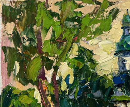 Vibrant impressionist oil painting Morning Church by Oksana Ivanyuk with green leaves and blossoms
