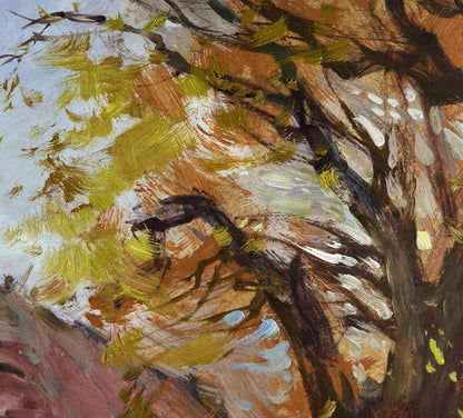 Expressive oil painting of autumn street in golden leaves by Yuriy Suprunchuk