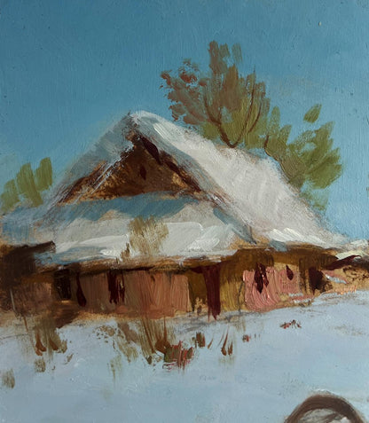 Oil painting of rustic snowy house by Yuriy Suprunchuk