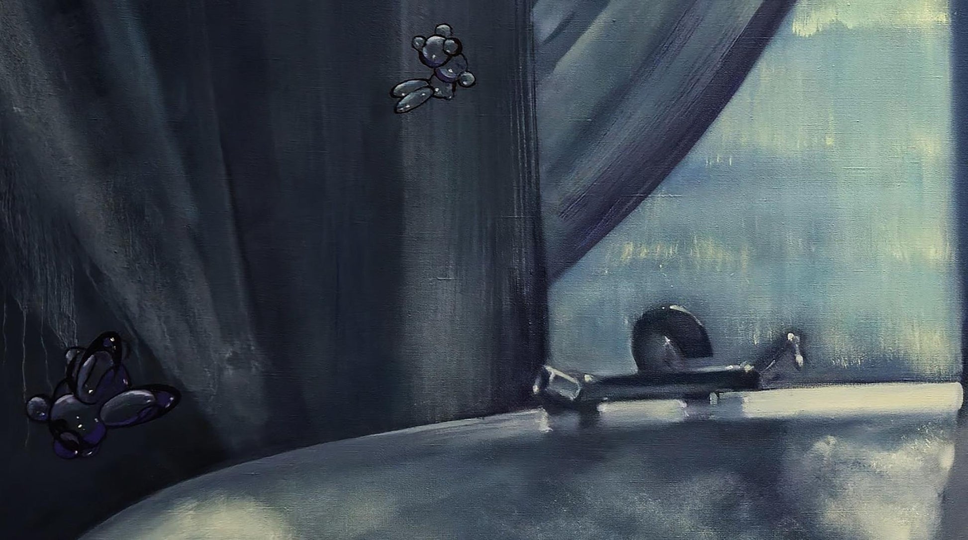 Dark stylized cartoon bear floating by curtained window in Igor Konovalov oil painting