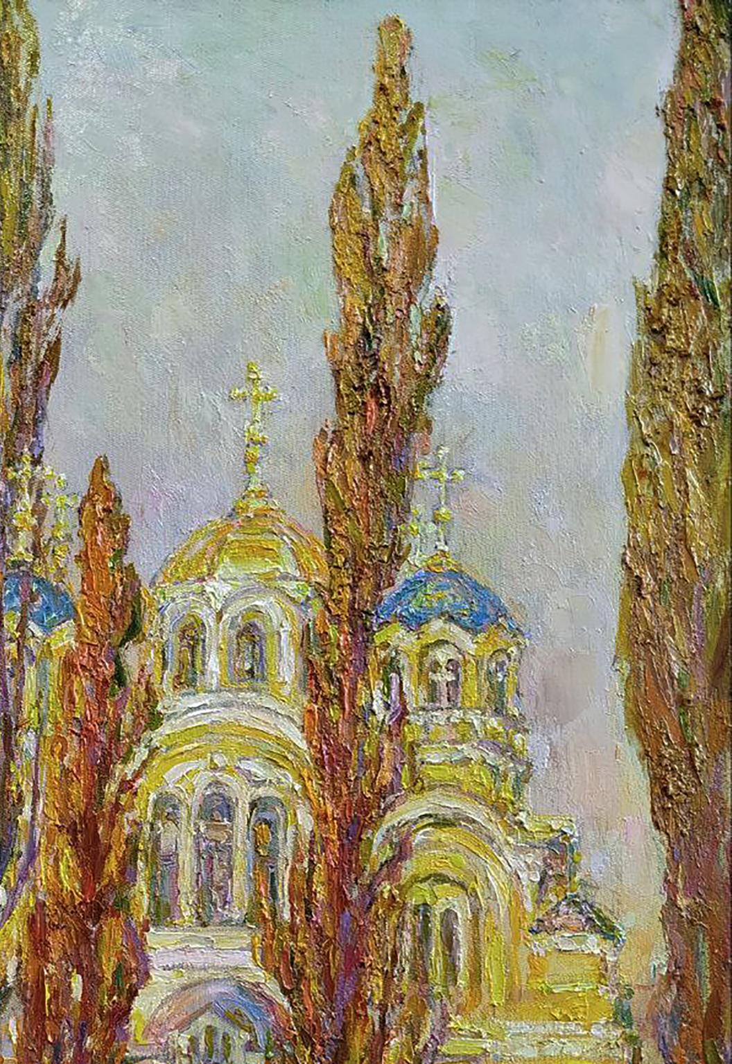Oil painting by Leonid Pavlenko: warm autumn cathedral with golden dome