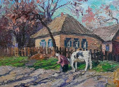 Oil painting by Boris Serdyuk: rustic thatched house with blue shutters and autumn trees
