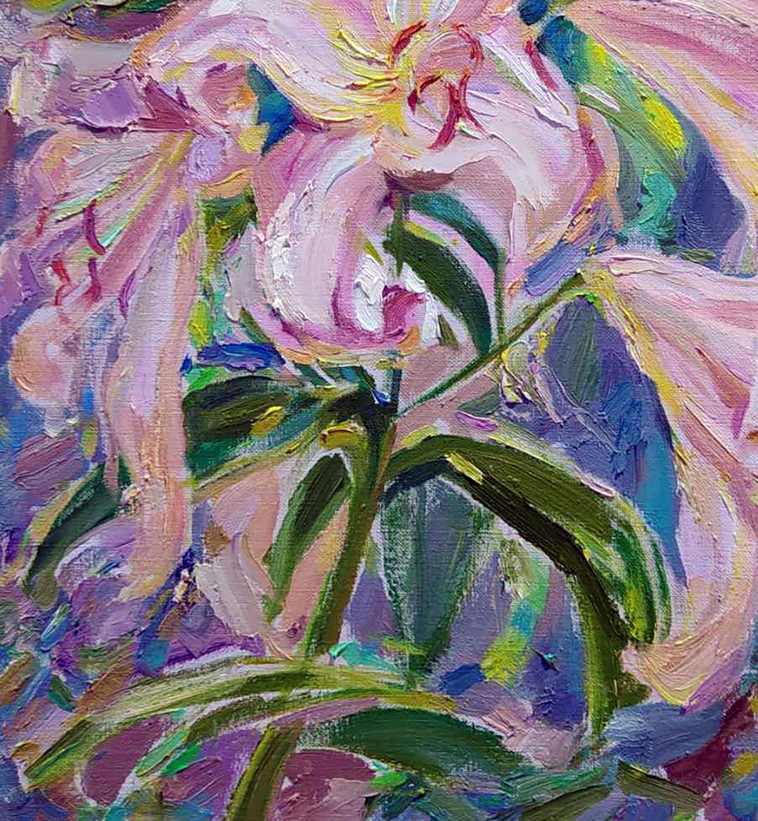 Vibrant impressionist oil painting of pink lilies by Leonid Pavlenko
