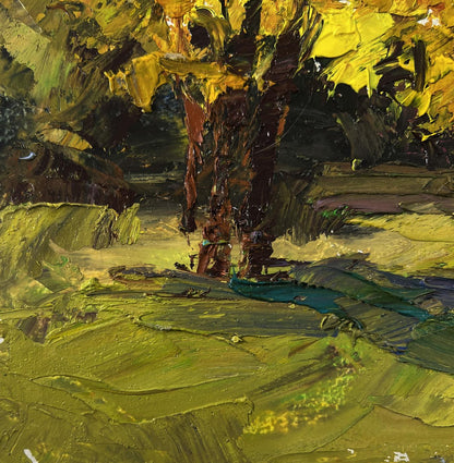 Vibrant autumn oil painting of textured yellow brown tree by Boris Serdyuk