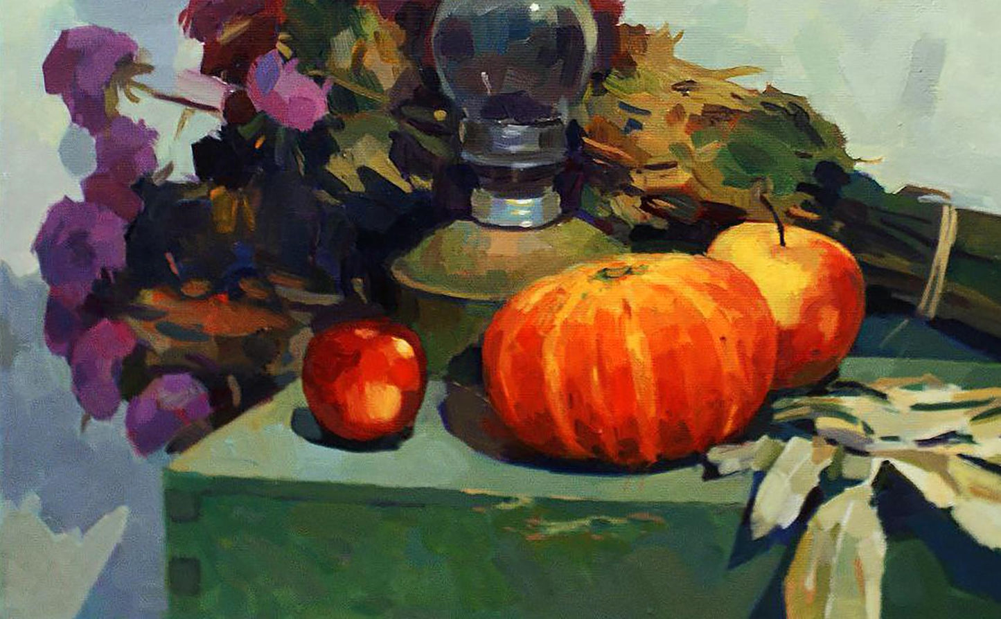 Oil painting of orange ridged pumpkin with green stem by Anastasia Yaroshevich