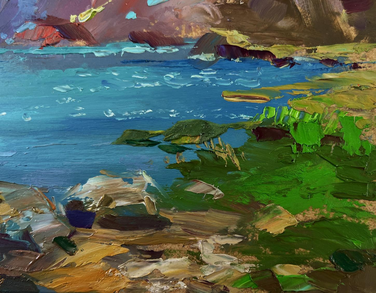 Vibrant impressionist oil painting of sailboats on turquoise sea by Yuriy Suprunchuk