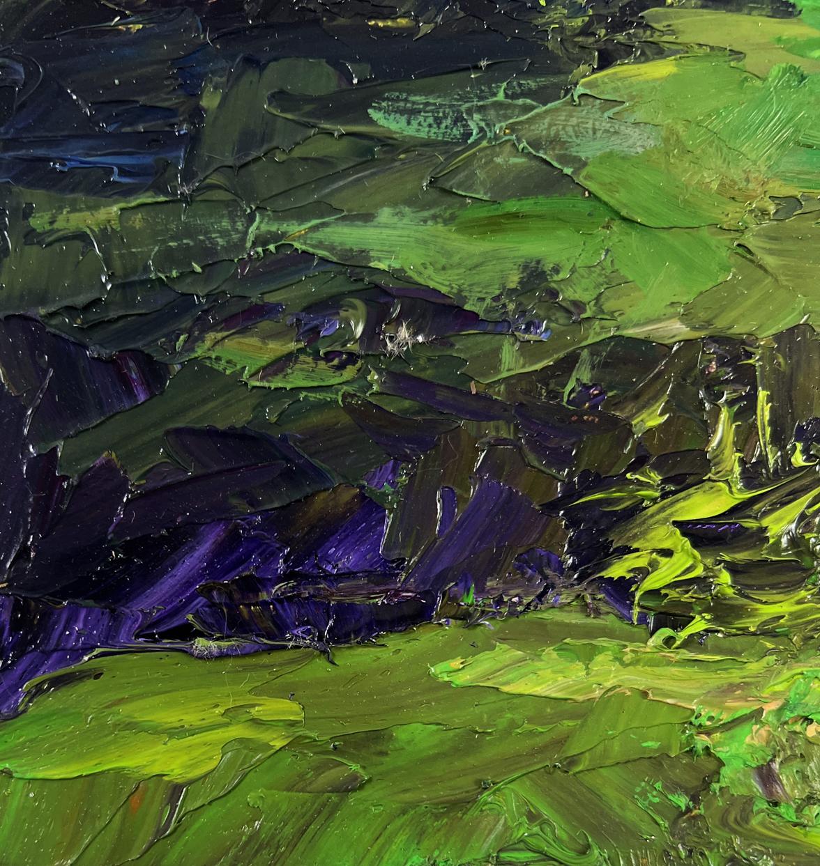 Textured oil painting of Old Pedestrian Bridge by Boris Serdyuk in emerald green, purple, blue