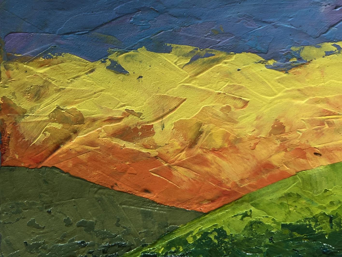 Fiery sunset behind mountains oil painting by V. Zadorozhnya