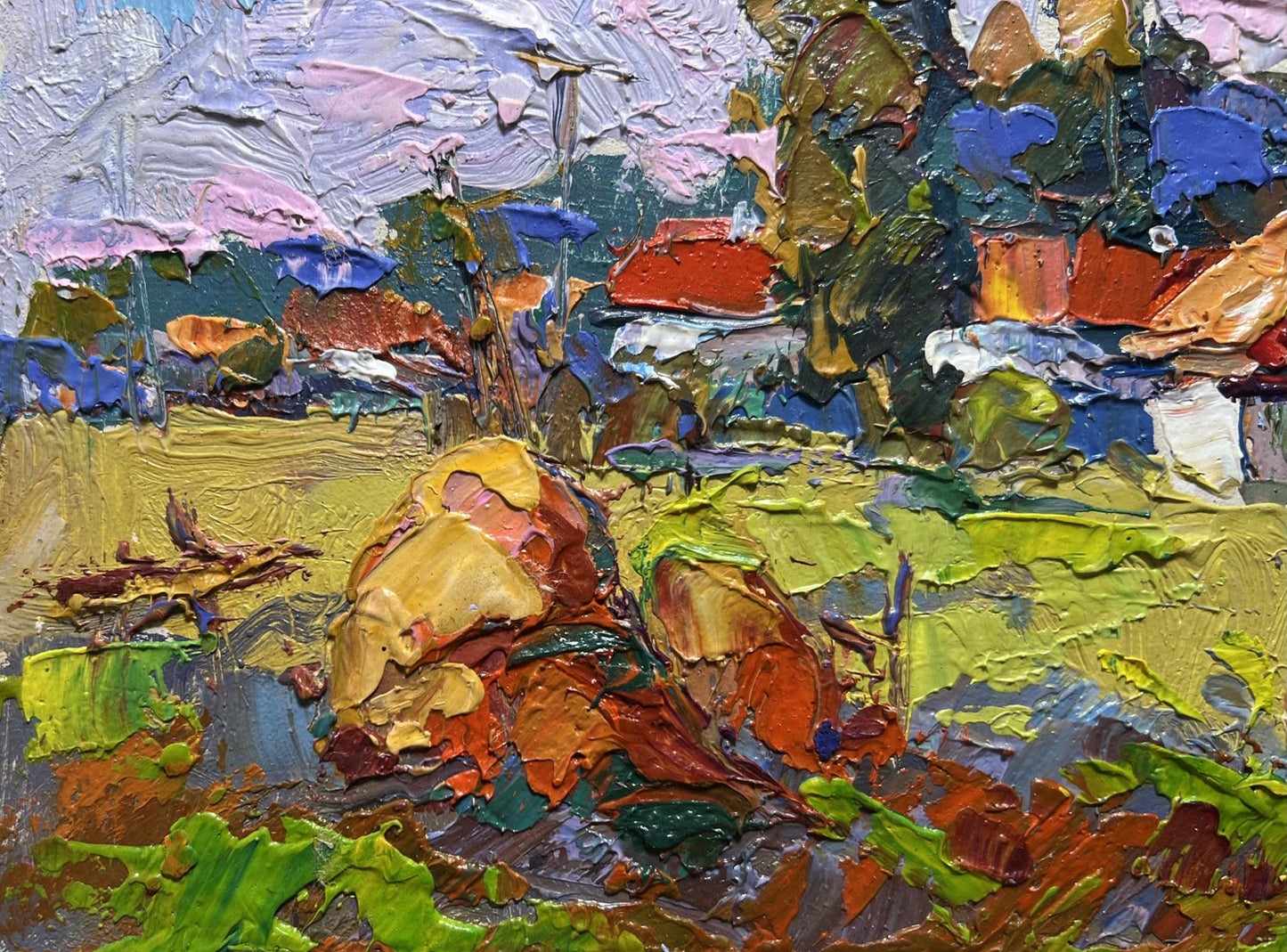 Vibrant impressionist oil painting of quiet village street by Oksana Ivanyuk