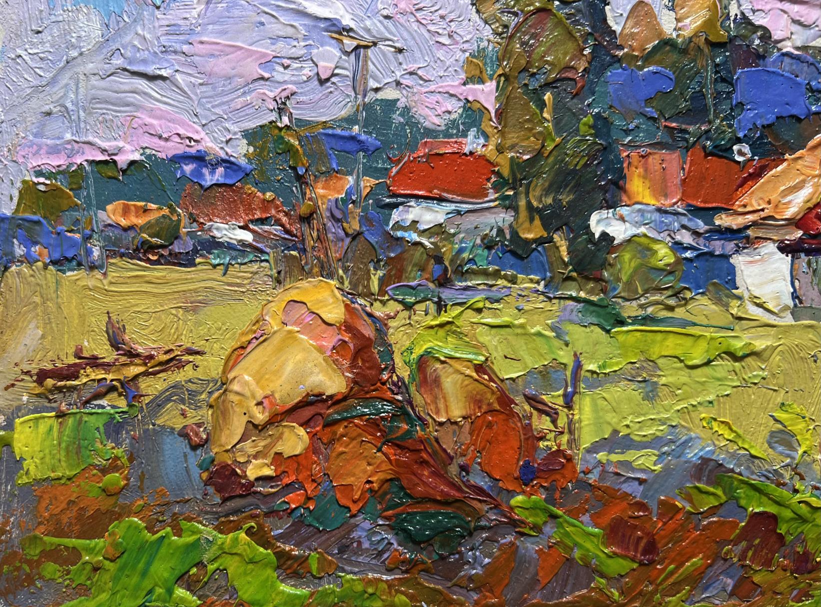 Vibrant impressionist oil painting of quiet village street by Oksana Ivanyuk