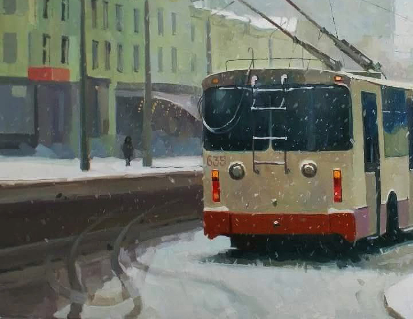 Rear view of beige and red trolleybus number 638 oil painting by Anastasia Yaroshevich
