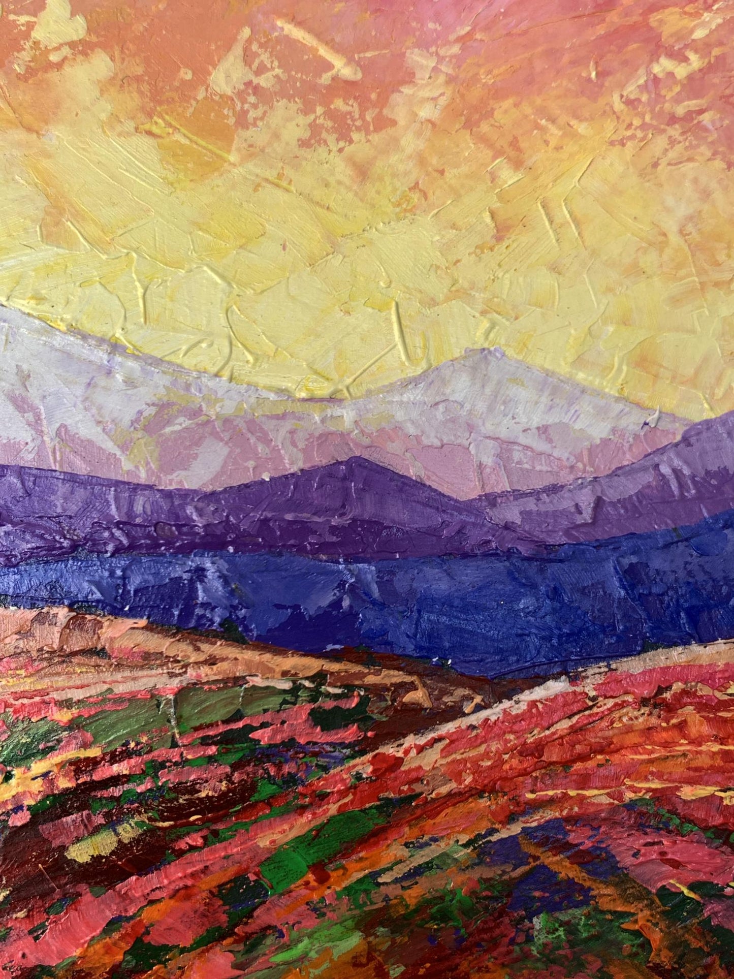 Vibrant oil painting of Crimson sunset in mountains by V. Zadorozhnya