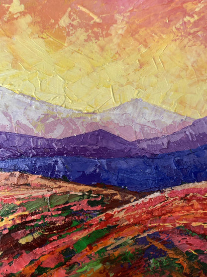 Vibrant oil painting of Crimson sunset in mountains by V. Zadorozhnya