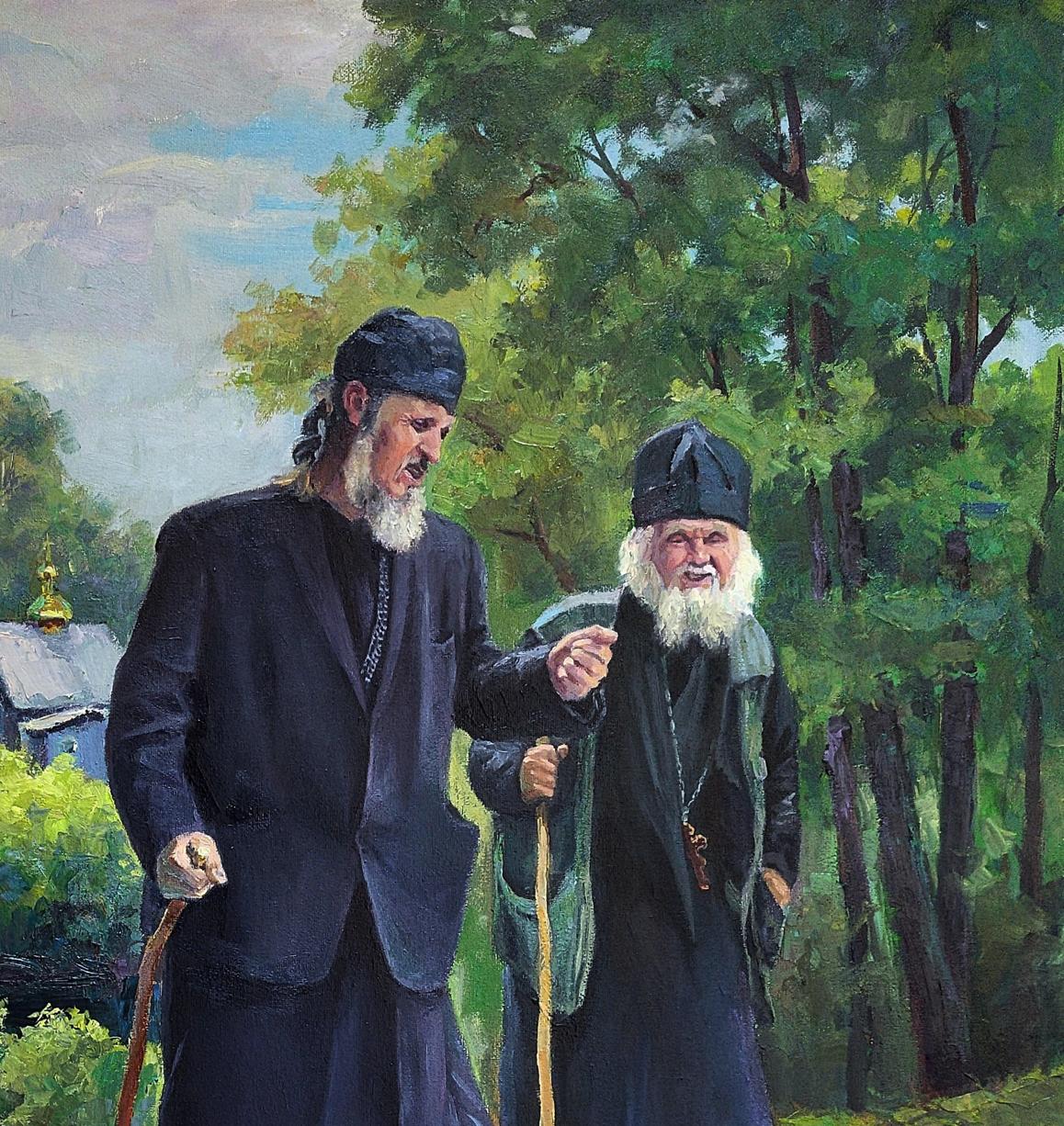Oil painting of two elderly Orthodox priests from Sunday service by Boris Serdyuk