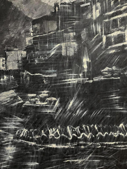 Abstract charcoal sketch of Serhiy Kovalev Oil painting City Twilight village