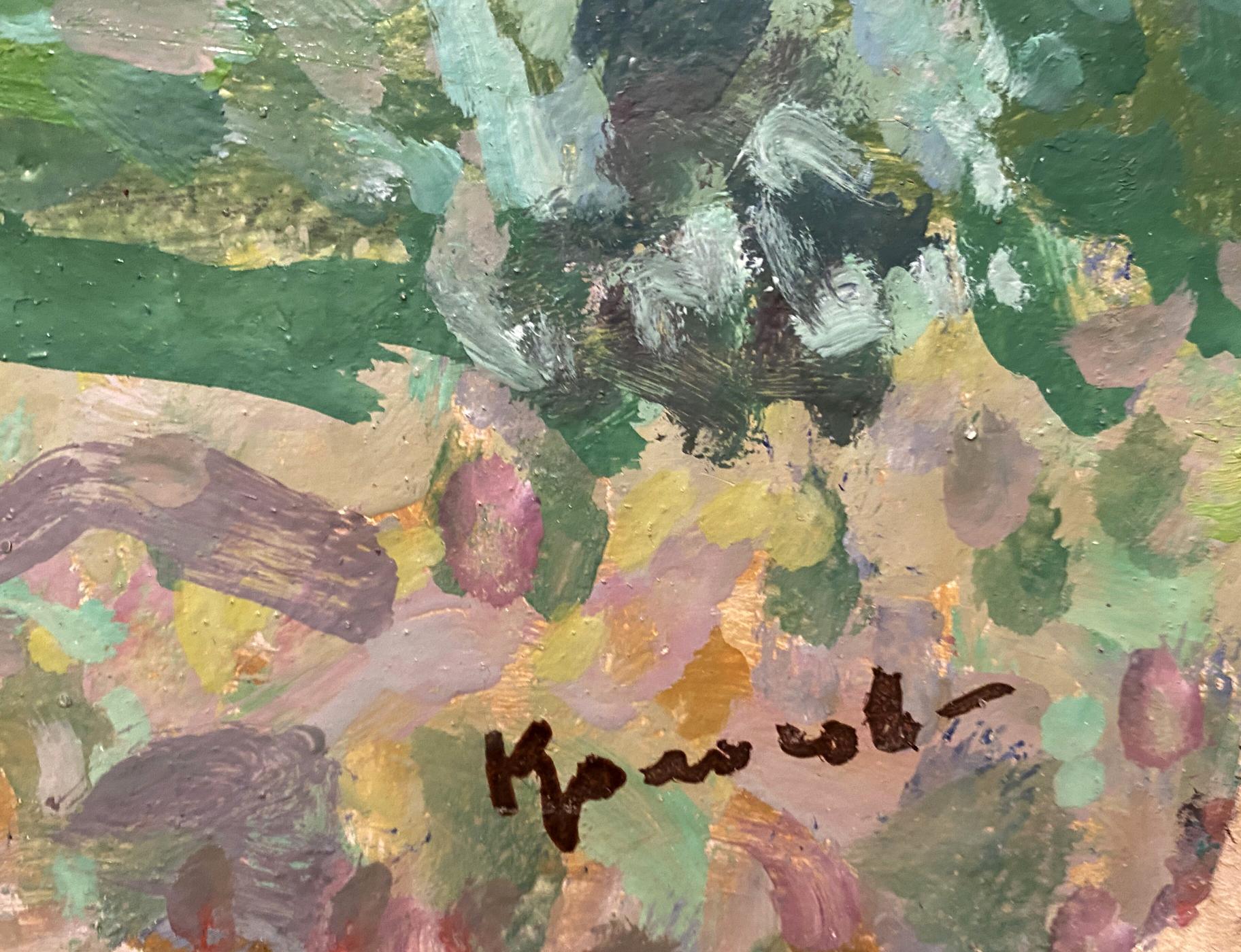 Oil painting Dnieper Bay by Georgy Kolosovsky, abstract greens and yellows