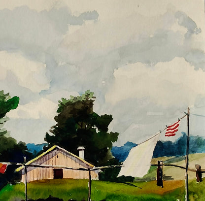 Watercolor painting of rustic barn, flag, trees by Vitaly Duhnevich
