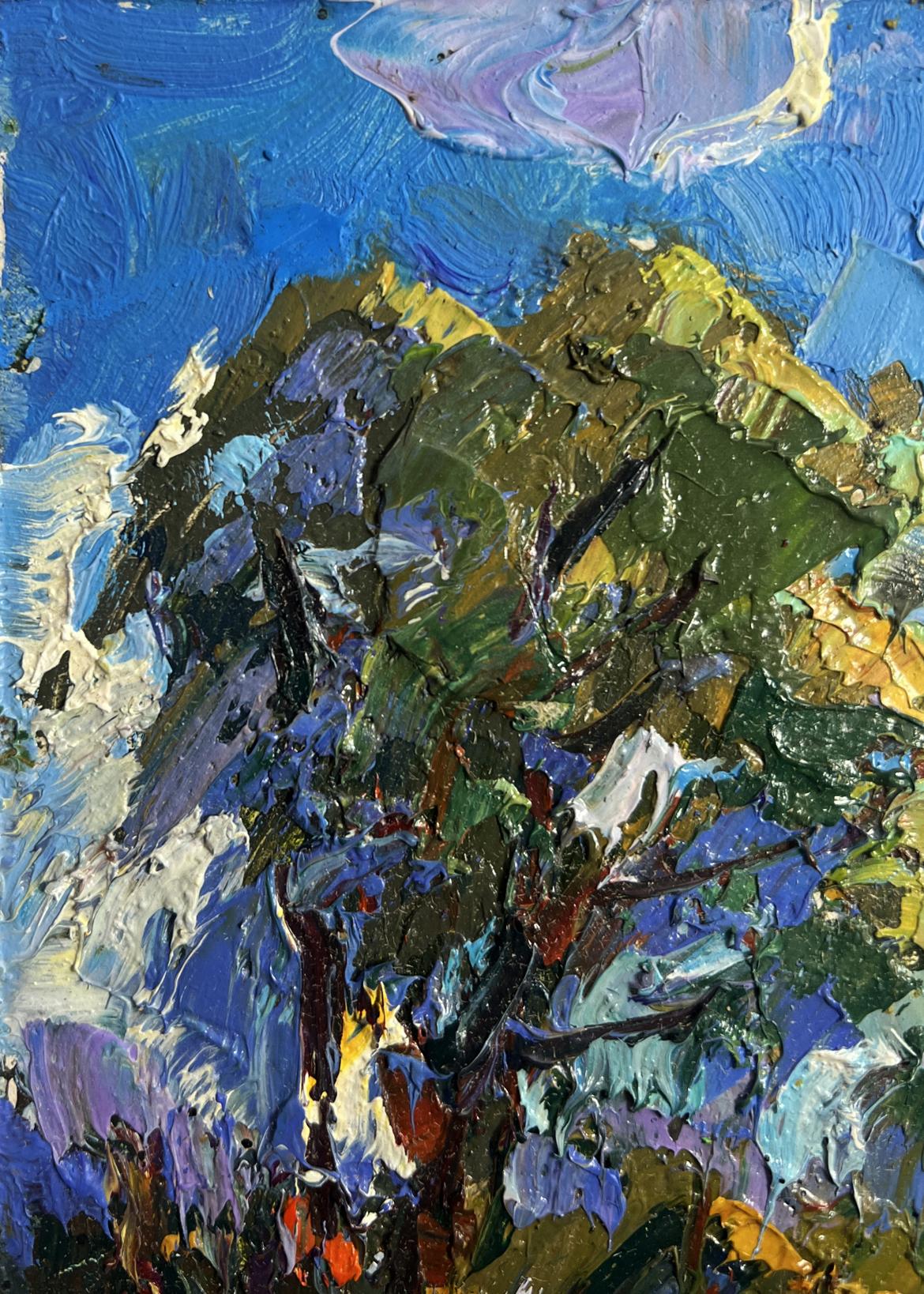 Oil painting Early morning on a boat by Oleksiy Ivanyuk vibrant tree impasto