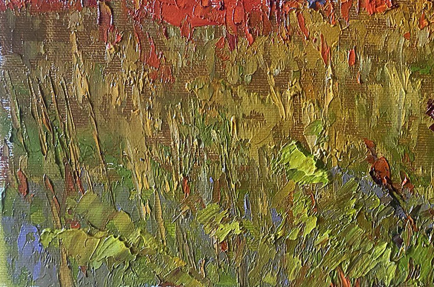 Oil painting Step to the Horizon by Oleksiy Ivanyuk with green foliage impasto