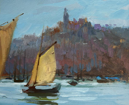 Oil painting of sailboat with golden sail by Yuriy Suprunchuk