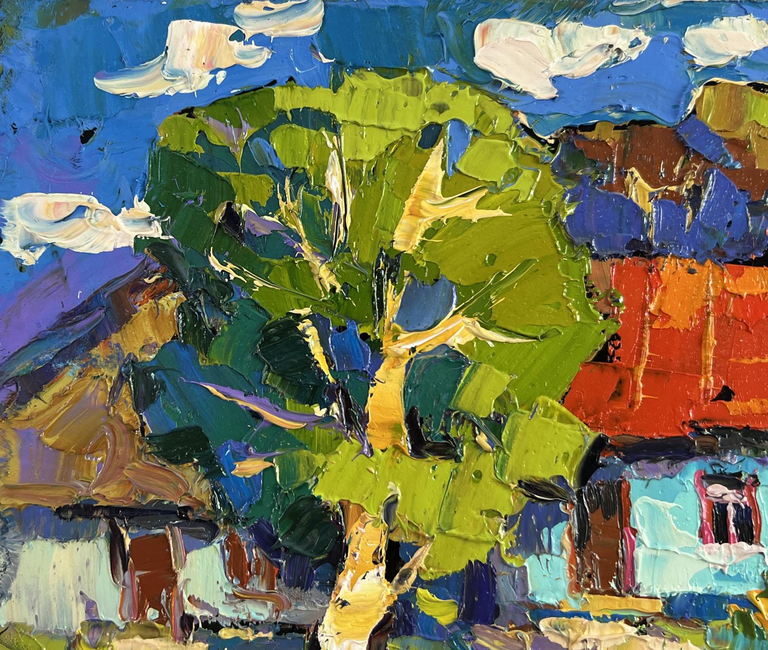 Vibrant impressionist oil painting of summer village tree by Oksana Ivanyuk