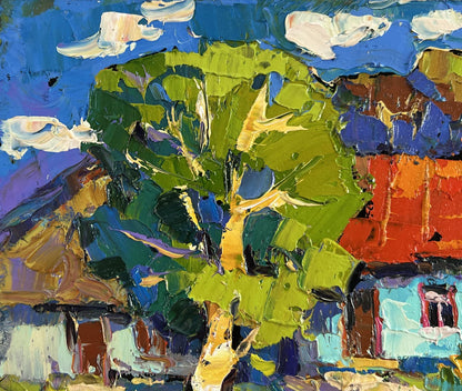 Vibrant impressionist oil painting of summer village tree by Oksana Ivanyuk